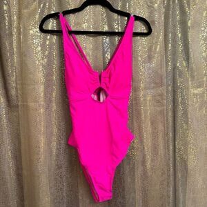 Bright Hot Neon Pink V Neck Cutout One Piece Swimsuit Medium NWOT